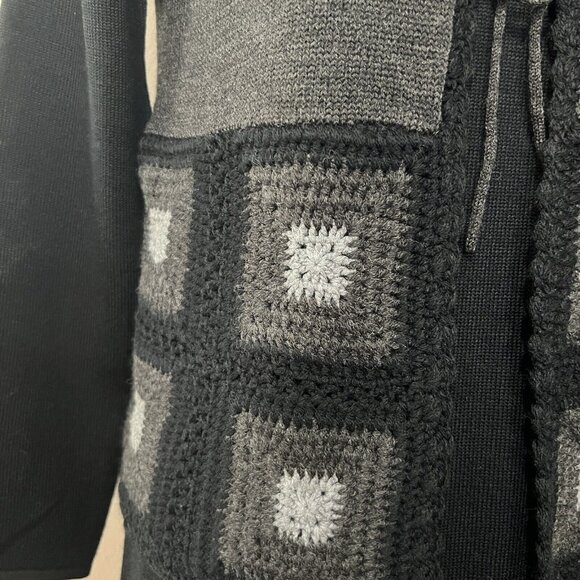 Nina Leonard Crochet Knit Dress Gray Granny Square Long Sleeve Black Wool Blend - Picture 6 of 8